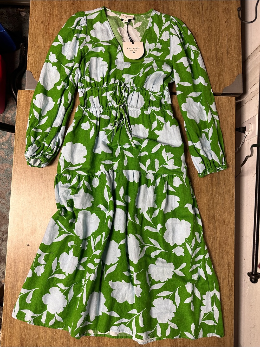 Kate spade X target nwt linen maxi blue green double tie front long sleeve dress